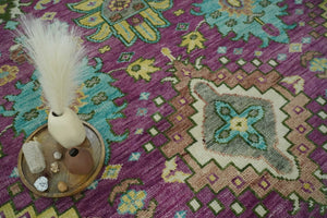 Purple, Ivory, Green and Aqua Hand Knotted Traditional Oushak 9x12 wool Area Rug