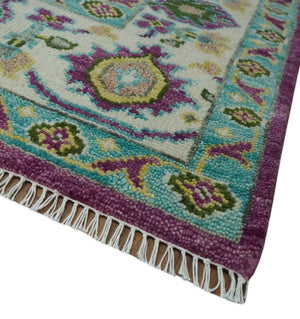 Purple, Ivory, Green and Aqua Hand Knotted Traditional Oushak 9x12 wool Area Rug