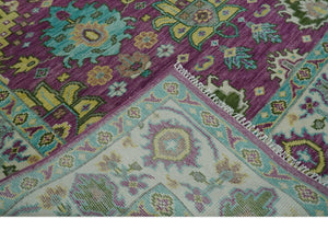 Purple, Ivory, Green and Aqua Hand Knotted Traditional Oushak 9x12 wool Area Rug