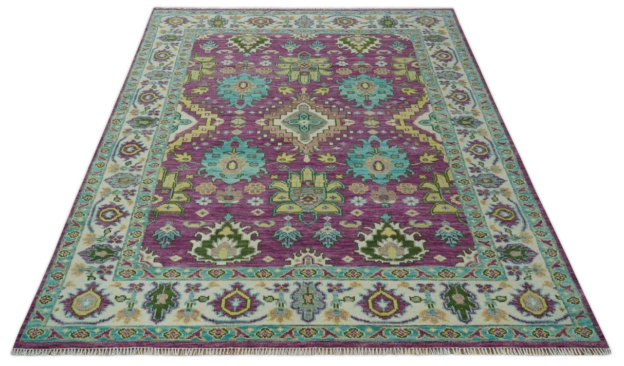 Purple, Ivory, Green and Aqua Hand Knotted Traditional Oushak 9x12 wool Area Rug