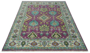 Purple, Ivory, Green and Aqua Hand Knotted Traditional Oushak 9x12 wool Area Rug