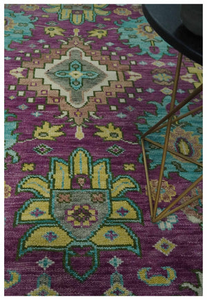 Purple, Ivory, Green and Aqua Hand Knotted Traditional Oushak 9x12 wool Area Rug