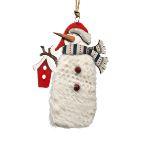 Wood and Fur Snowman Ornament - Holding Birdhouse