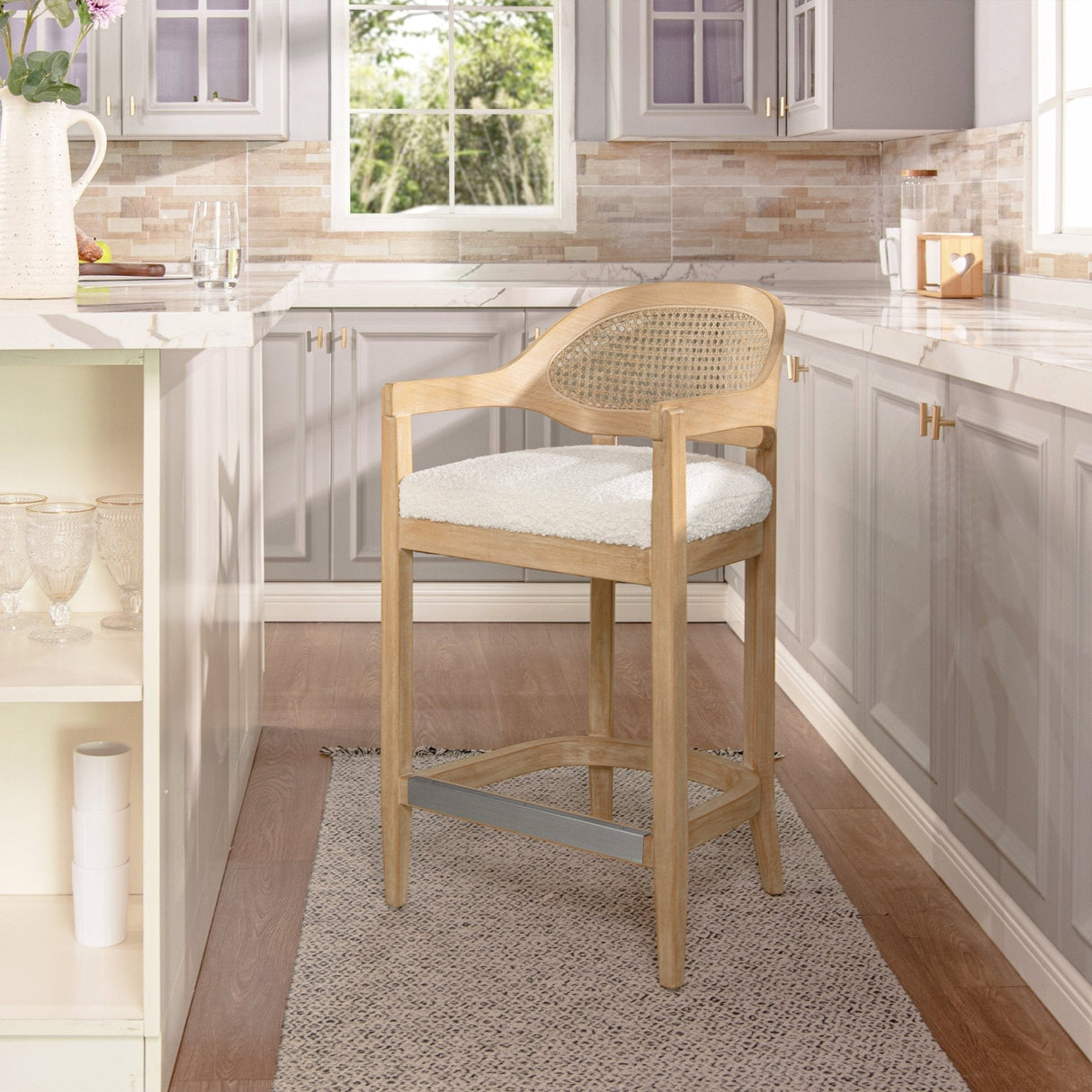 Pyrla 26" Upholstered Counter Stool with Curved Cane Back and Wood Legs