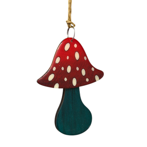 Glossy Red and Green Wooden Mushroom Ornament - 3 1/2 Inches