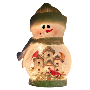 9.5 Inch Lighted Cardinal Glass Snowman - Bird Condo