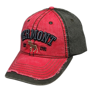 2 Tone Embroidered Hat - Vermont 1791 Moose - Cranberry and Olive
