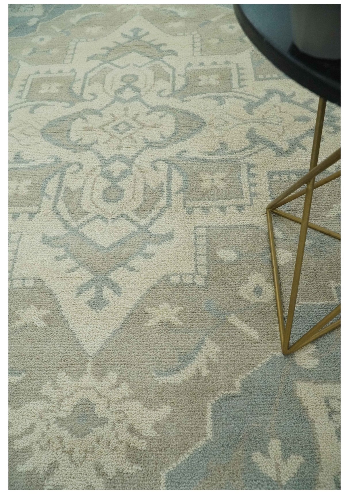Quick Ship 10x14 Hand Knotted Medallion Beige and Charcoal Wool Area Rug