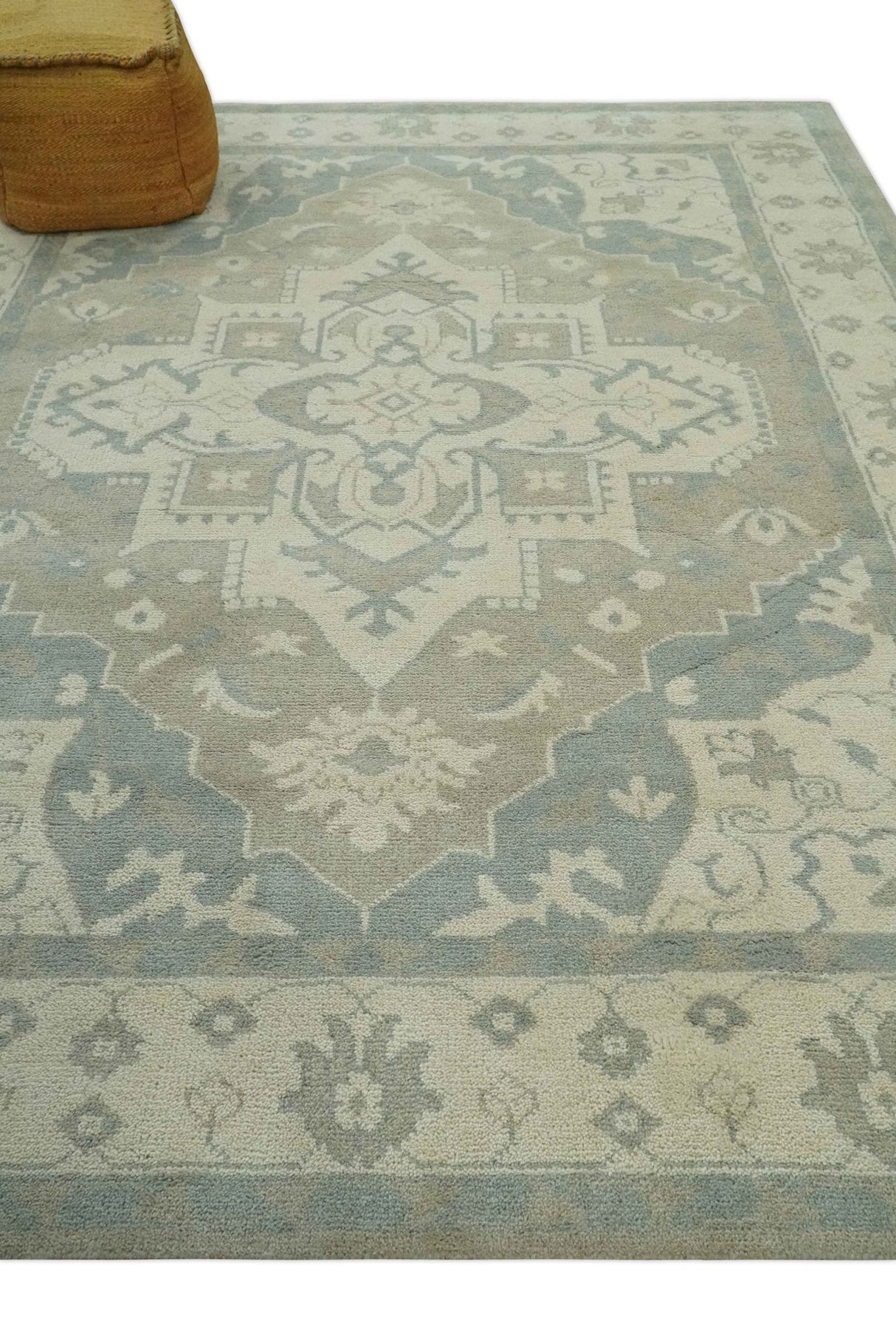 Quick Ship 10x14 Hand Knotted Medallion Beige and Charcoal Wool Area Rug