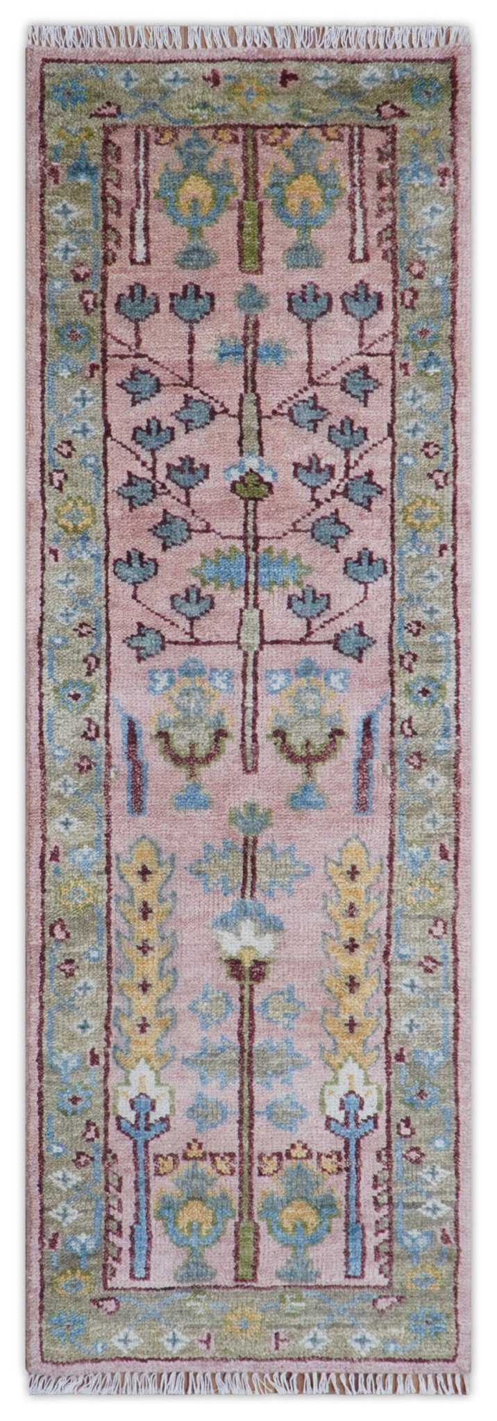 Quick Ship 2.6x8 Hand Knotted Tree of life Pink And Olive Wool Rug