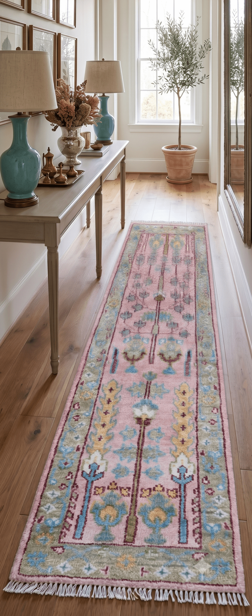 Quick Ship 2.6x8 Hand Knotted Tree of life Pink And Olive Wool Rug