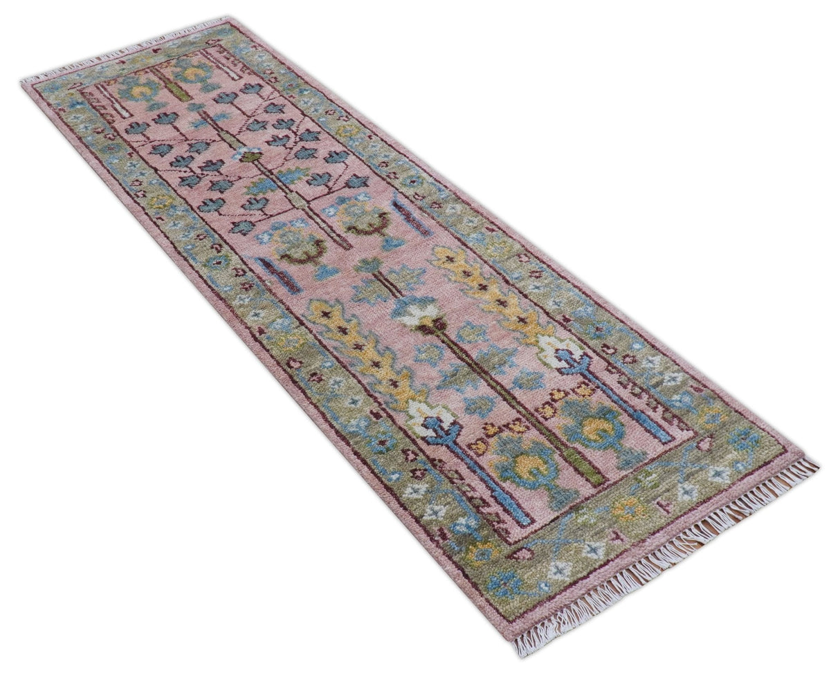 Quick Ship 2.6x8 Hand Knotted Tree of life Pink And Olive Wool Rug