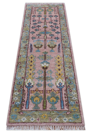 Quick Ship 2.6x8 Hand Knotted Tree of life Pink And Olive Wool Rug