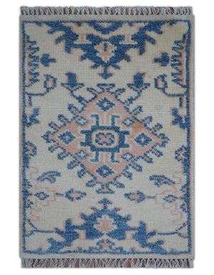 Quick Ship 2x3 Traditional Style Ivory And Blue Hand Knotted Wool Rug