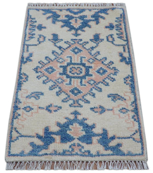 Quick Ship 2x3 Traditional Style Ivory And Blue Hand Knotted Wool Rug