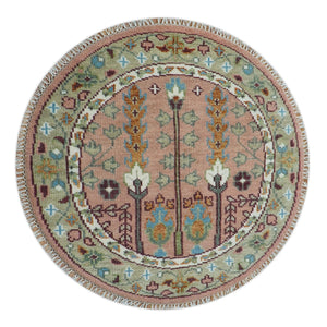 Quick Ship 4x4 Round Hand Knotted Pink and Olive Tree of life Wool Rug
