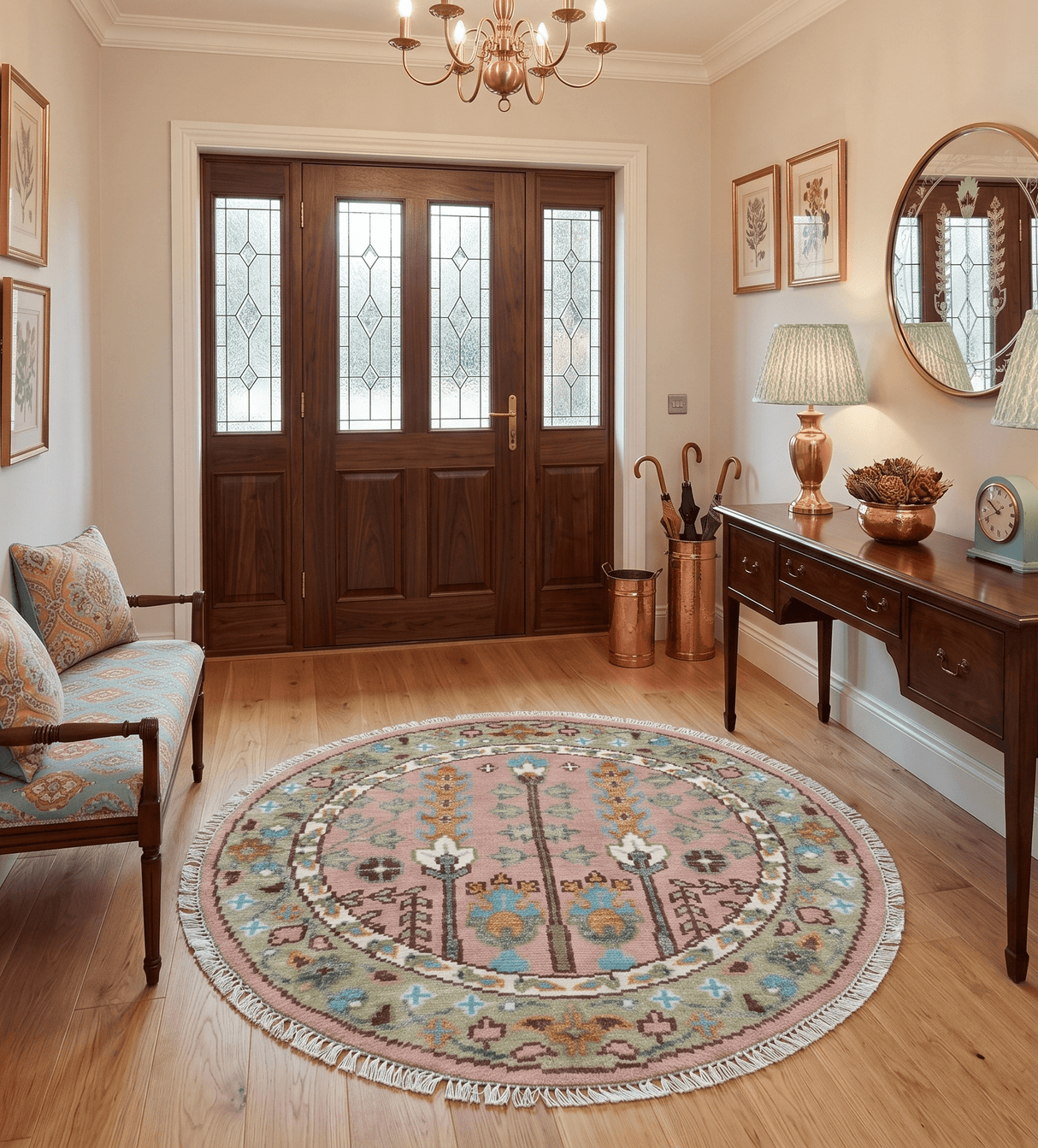 Quick Ship 4x4 Round Hand Knotted Pink and Olive Tree of life Wool Rug