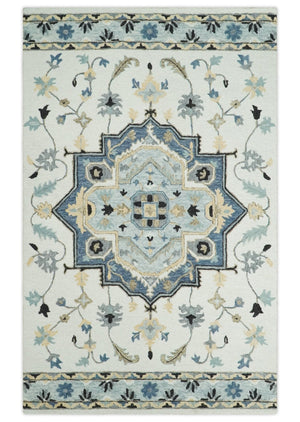 Quick Ship 5x8 Ivory And Blue Medallion Design Hand Tufted Wool Rug