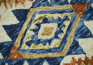 Quick Ship 6x9 Hand Tufted Southwestern Blue And Beige Wool Rug