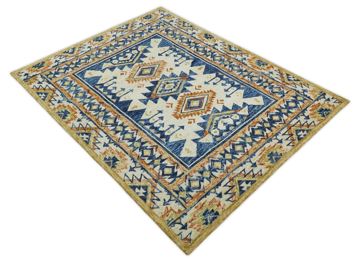 Quick Ship 6x9 Hand Tufted Southwestern Blue And Beige Wool Rug