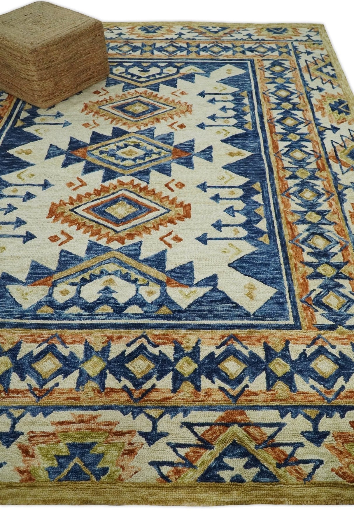 Quick Ship 6x9 Hand Tufted Southwestern Blue And Beige Wool Rug