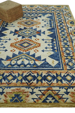 Quick Ship 6x9 Hand Tufted Southwestern Blue And Beige Wool Rug