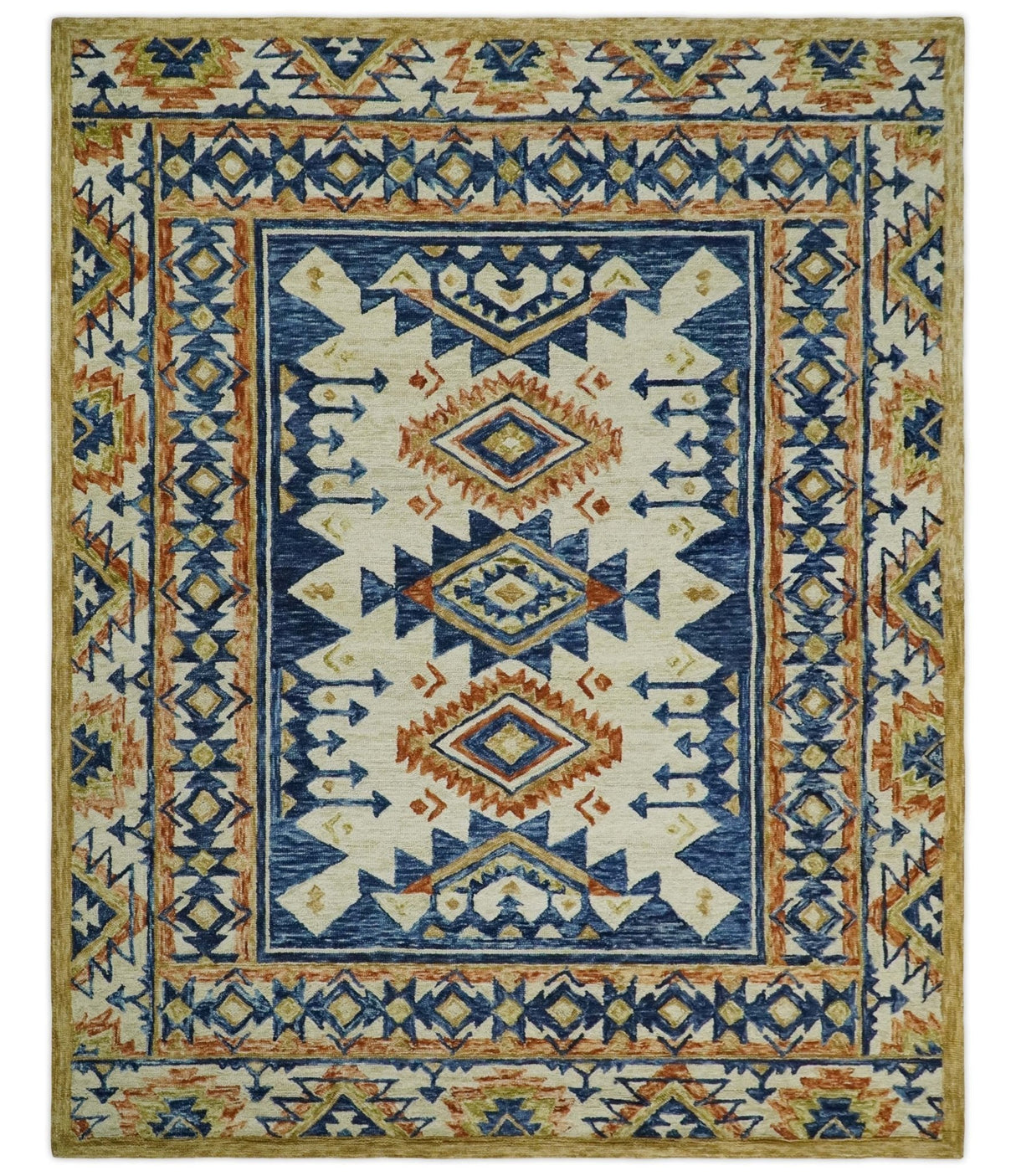 Quick Ship 6x9 Hand Tufted Southwestern Blue And Beige Wool Rug