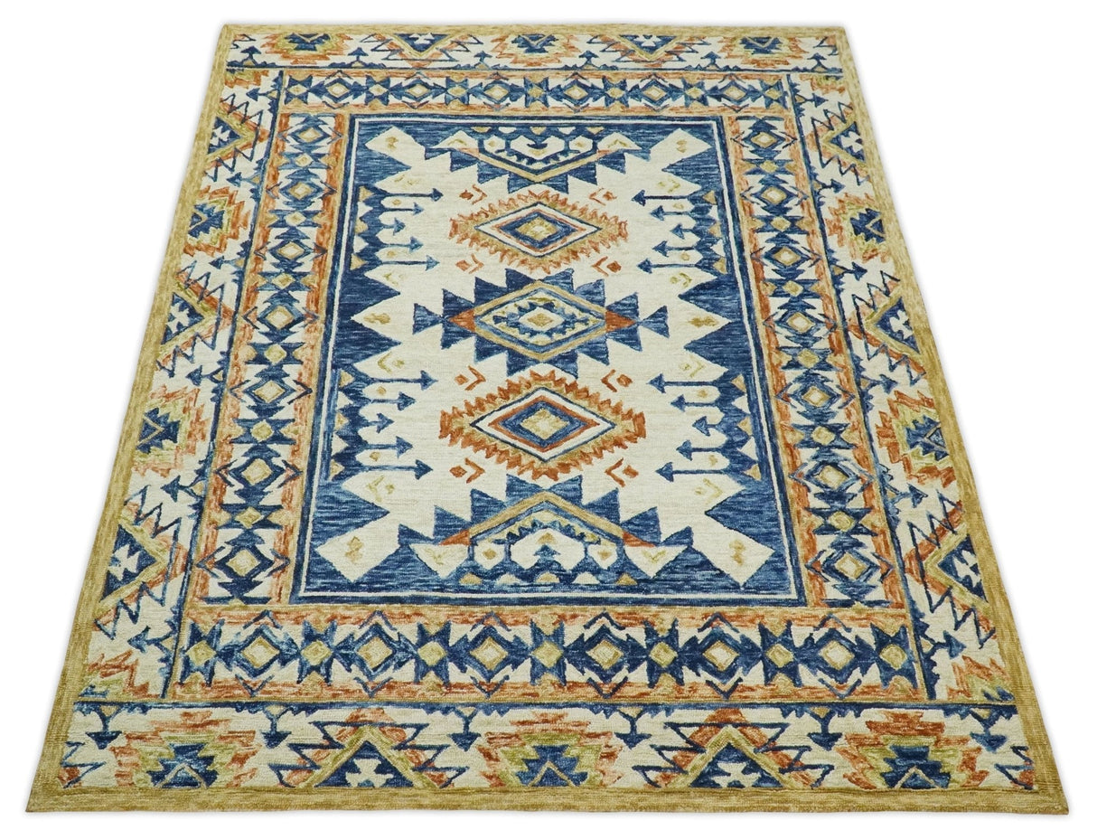 Quick Ship 6x9 Hand Tufted Southwestern Blue And Beige Wool Rug