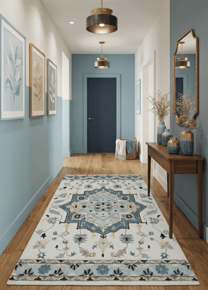 Quick Ship 6x9 Ivory And Blue Medallion Design Hand Tufted Wool Rug