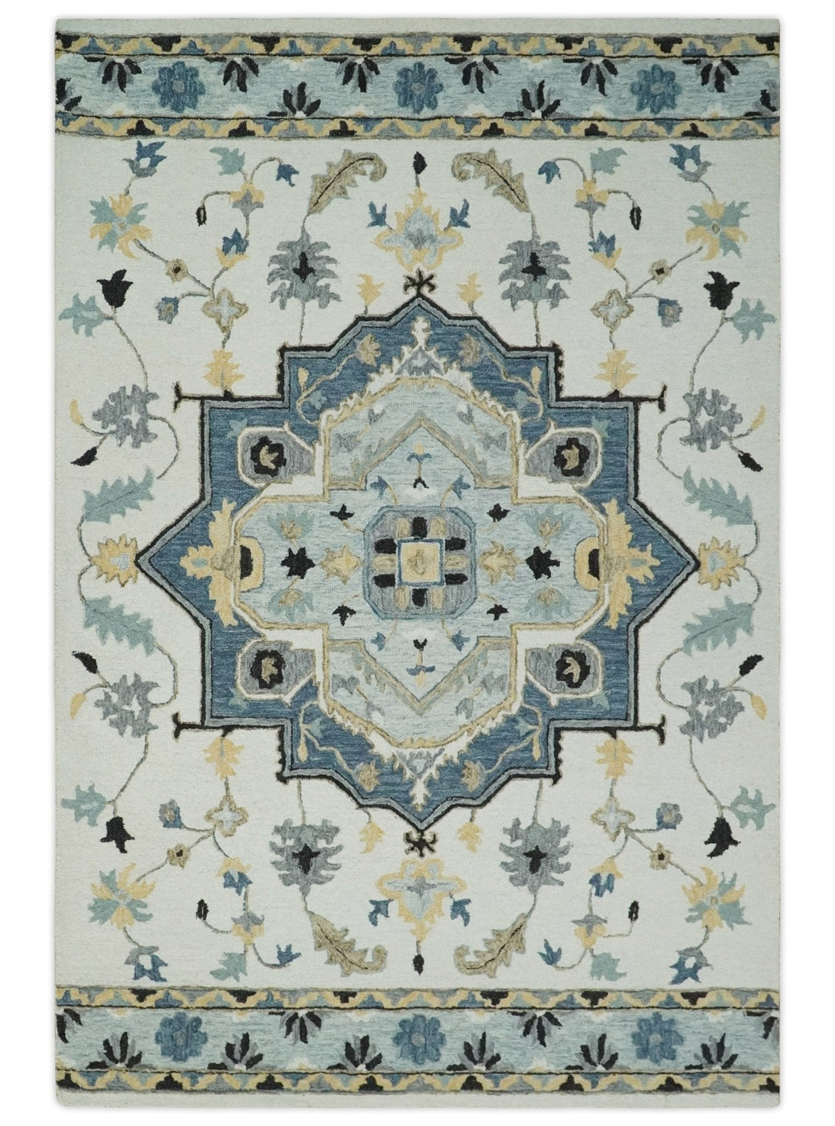 Quick Ship 6x9 Ivory And Blue Medallion Design Hand Tufted Wool Rug
