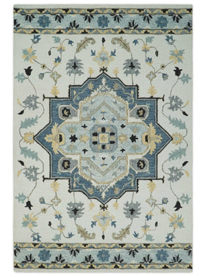 Quick Ship 6x9 Ivory And Blue Medallion Design Hand Tufted Wool Rug