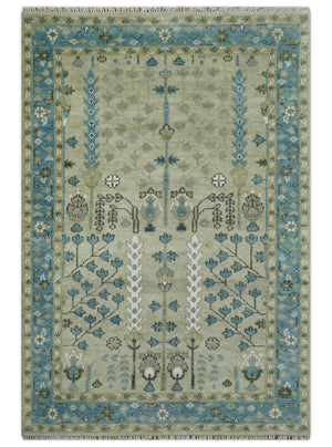 Quick Ship 6x9 Tree of life Beige And Blue Wool Rug