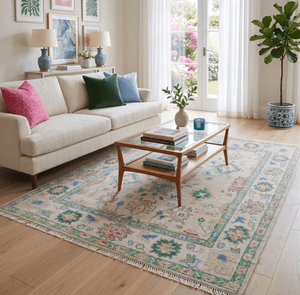 Quick Ship 8x10 Modern Oushak Design Beige And Blue Hand Knotted Rug