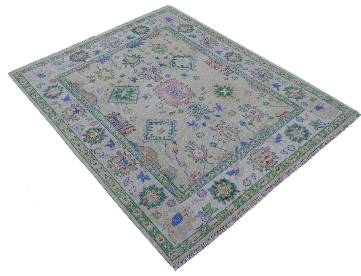 Quick Ship 8x10 Modern Oushak Design Beige And Blue Hand Knotted Rug