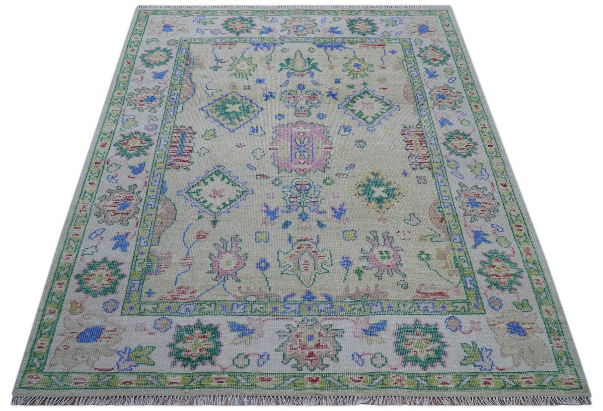 Quick Ship 8x10 Modern Oushak Design Beige And Blue Hand Knotted Rug