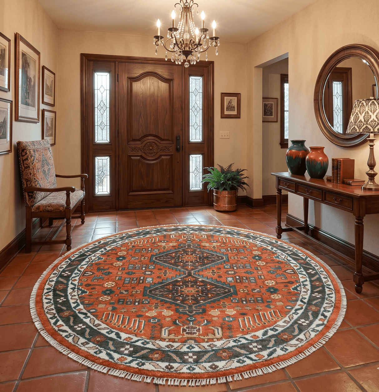 Quick Ship 8x8 Round Rust and Brown Traditional Oriental Hand Knotted Area Rug