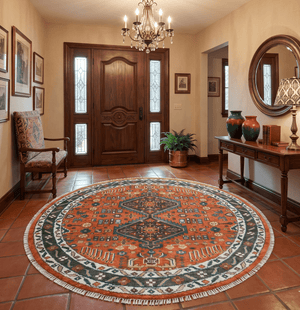 Quick Ship 8x8 Round Rust and Brown Traditional Oriental Hand Knotted Area Rug