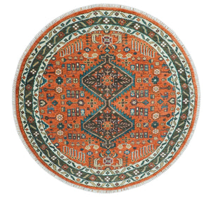 Quick Ship 8x8 Round Rust and Brown Traditional Oriental Hand Knotted Area Rug