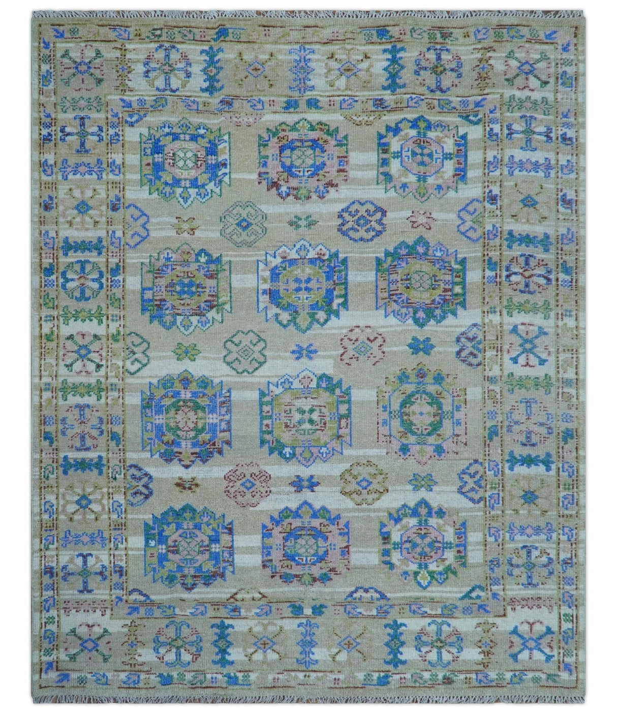 Quick Ship Beige And Blue Transitional Hand Knotted 8x10 Wool Rug
