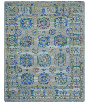 Quick Ship Beige And Blue Transitional Hand Knotted 8x10 Wool Rug