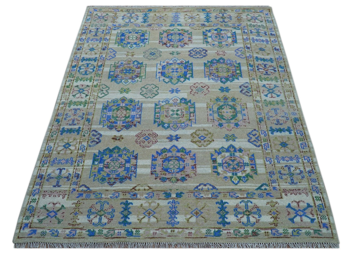 Quick Ship Beige And Blue Transitional Hand Knotted 8x10 Wool Rug