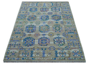 Quick Ship Beige And Blue Transitional Hand Knotted 8x10 Wool Rug