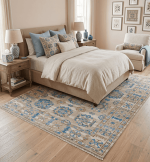Quick Ship Beige And Blue Transitional Hand Knotted 8x10 Wool Rug