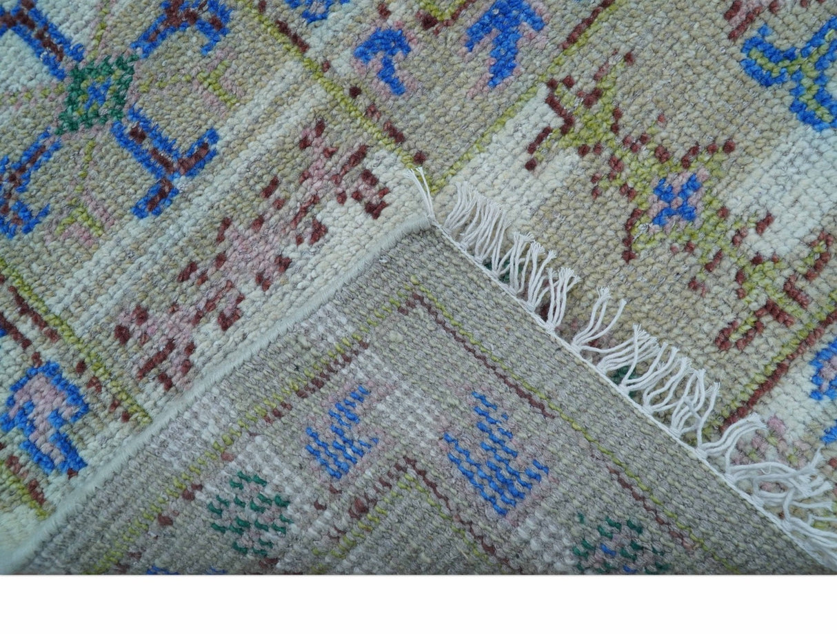Quick Ship Beige And Blue Transitional Hand Knotted 8x10 Wool Rug