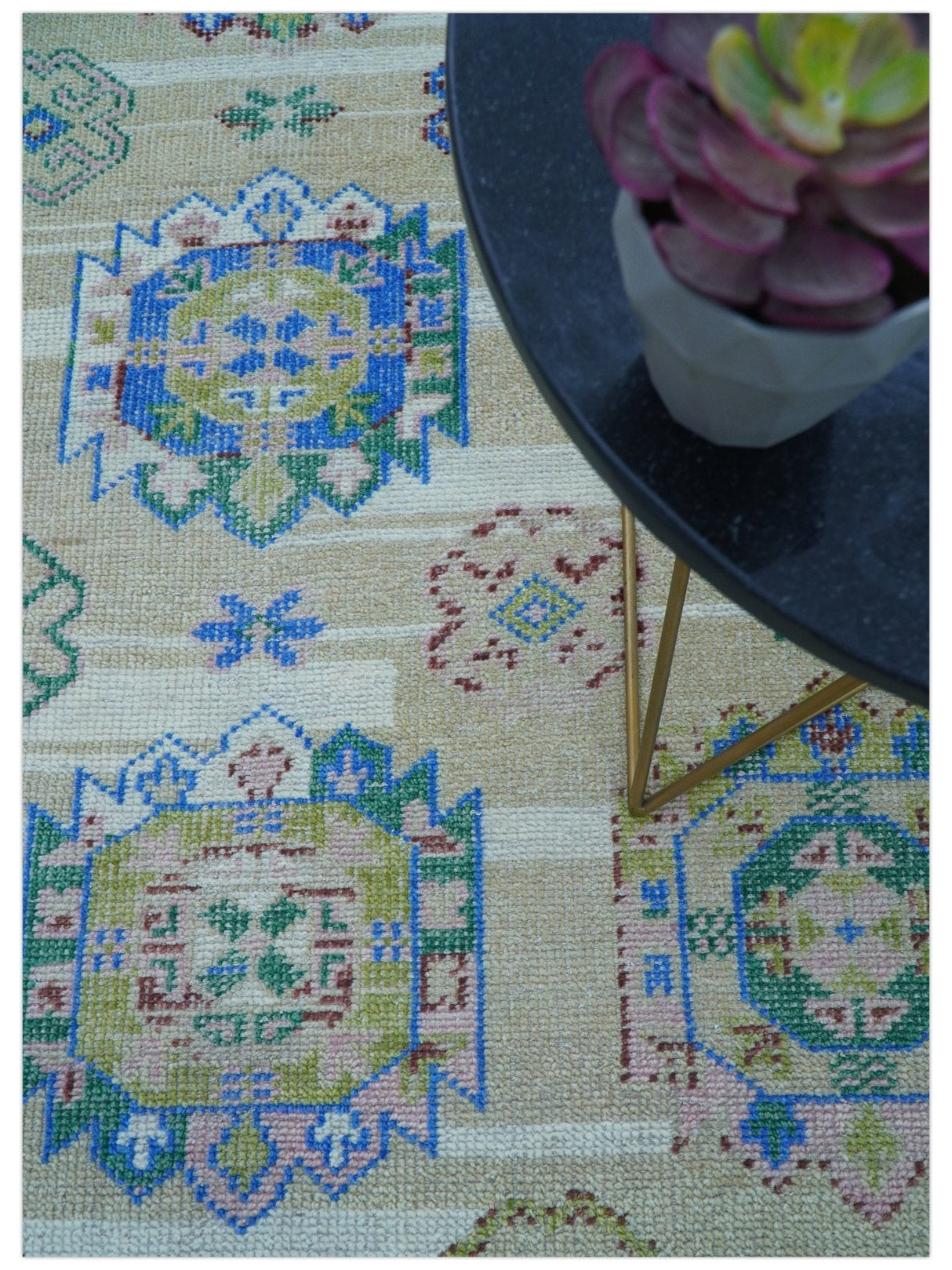 Quick Ship Beige And Blue Transitional Hand Knotted 8x10 Wool Rug