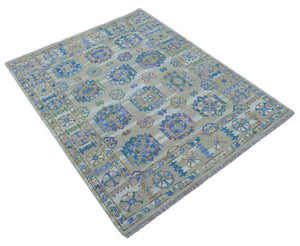 Quick Ship Beige And Blue Transitional Hand Knotted 8x10 Wool Rug