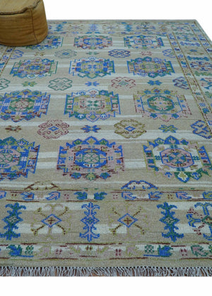 Quick Ship Beige And Blue Transitional Hand Knotted 8x10 Wool Rug