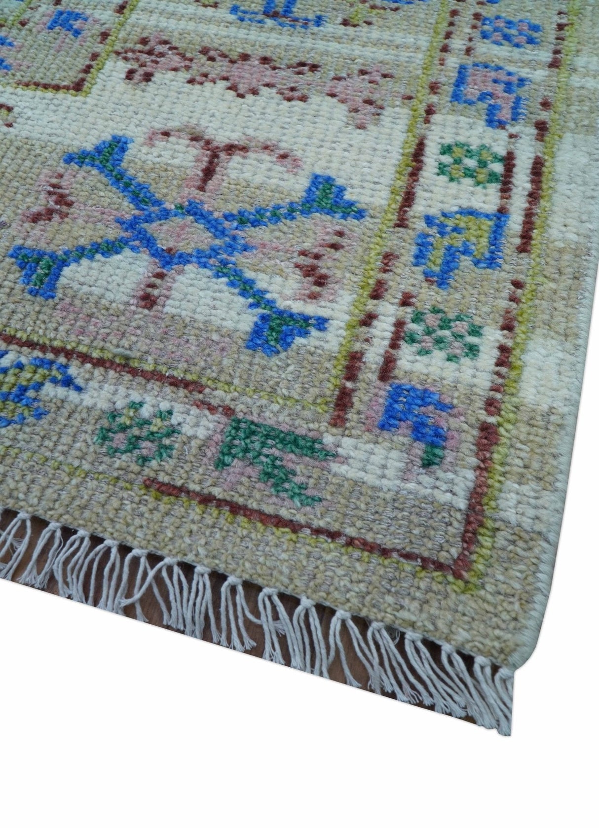 Quick Ship Beige And Blue Transitional Hand Knotted 8x10 Wool Rug