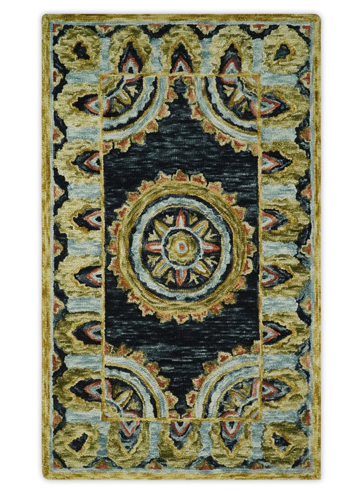 Quick Ship Gold And Black Traditional Design Hand Tufted 3x5 Wool Rug