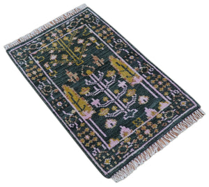 Quick Ship Hand Knotted 2x3 Tree of life Green And Mustard Wool Rug